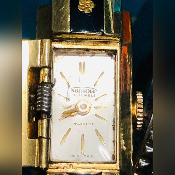 (916)VINTAGE RARE LADY AUREOLE 10 MICRON CONS SWISS WINDUP WTCH BLUE ENAMEL CUFF - Picture 11 of 16